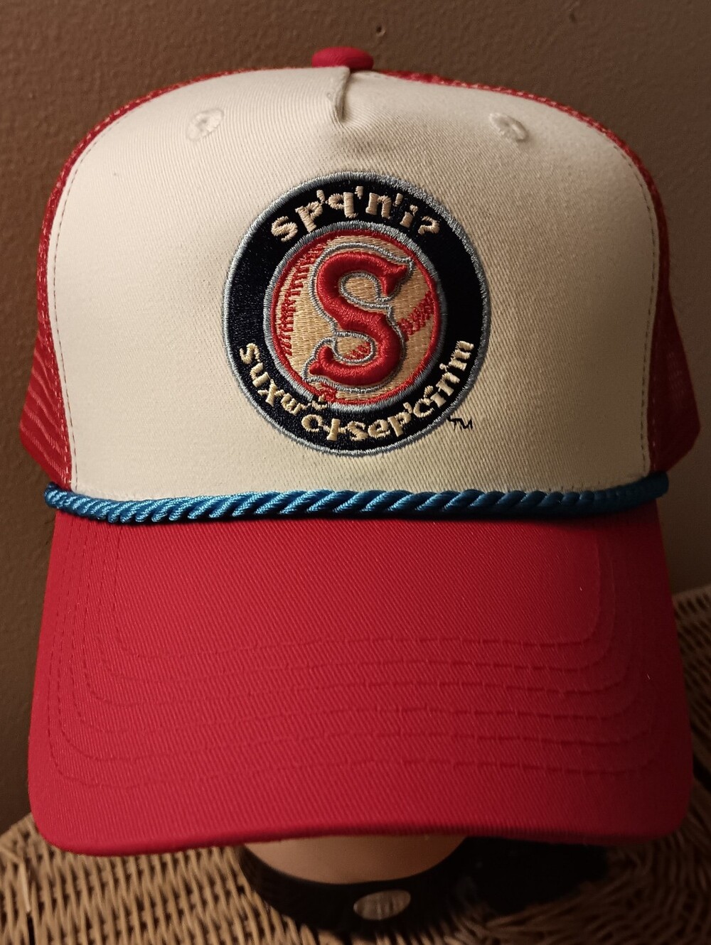 Spokane Indians Native Trucker Cap Mesh Baseball Hat 3D Logo Red White Blue Rope